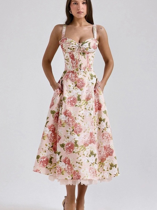 House of CB Dresses & Skirts - House of CB Rosalee Pink Floral Corset Midi Dress S Fuller Cup